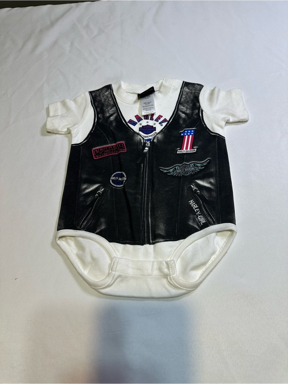Harley-Davidson White Bodysuit with Black Faux Leather Vest Print onesie
